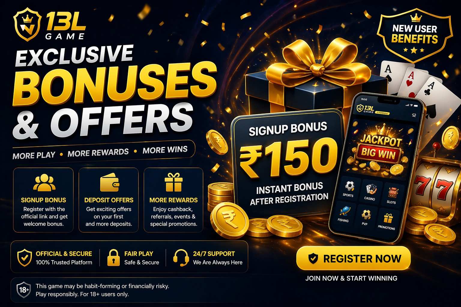 13L Game bonuses and offers banner showing signup bonus and promo information