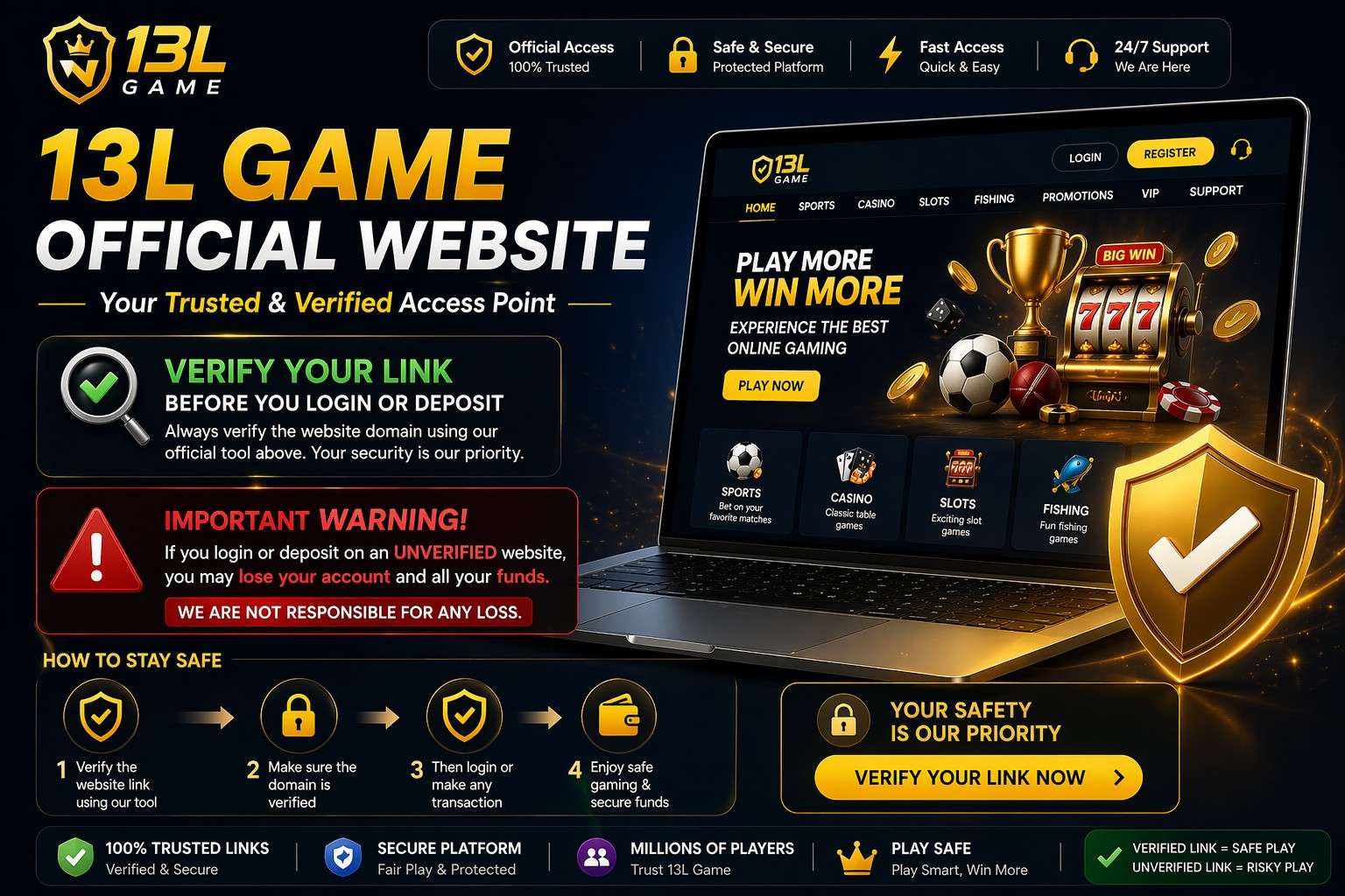13L Game official website banner showing verified access and safe website entry