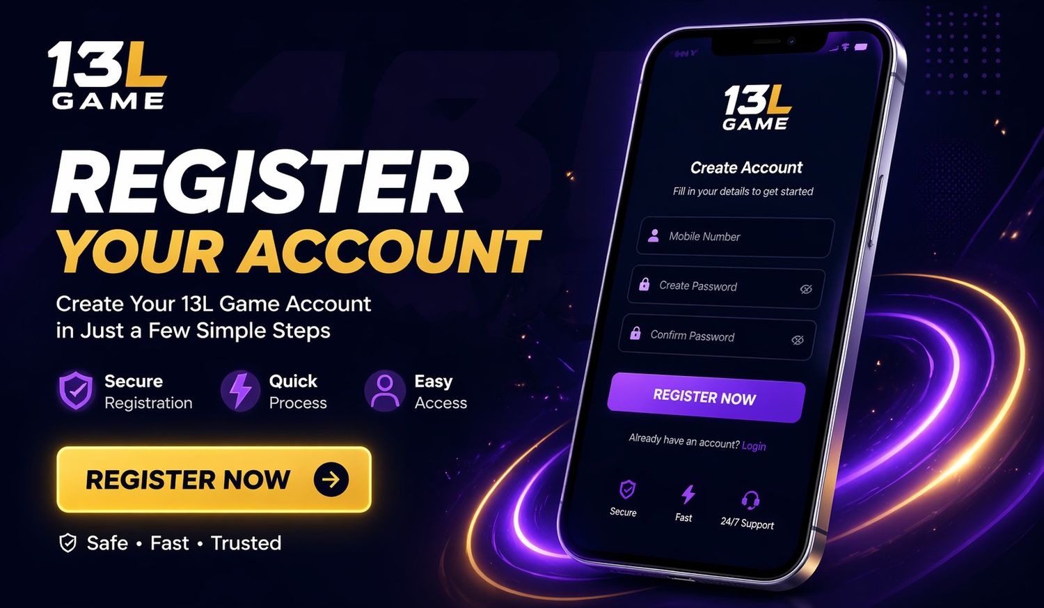 How to register in 13L Game step by step banner showing mobile sign up guide